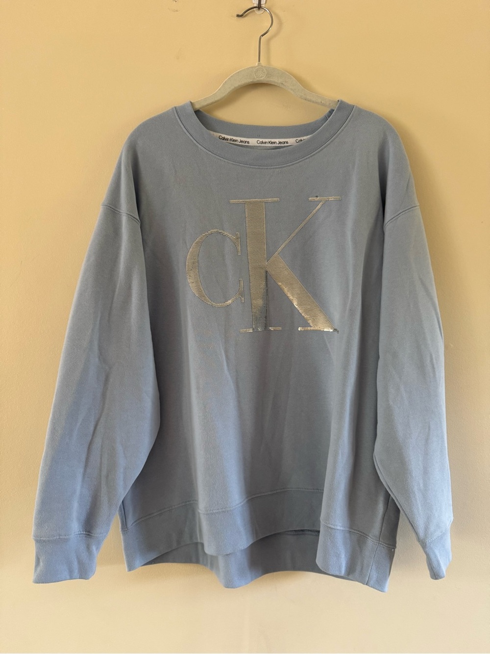Calvin Klein Pale Blue Crewneck Sweatshirt with Metallic CK Logo